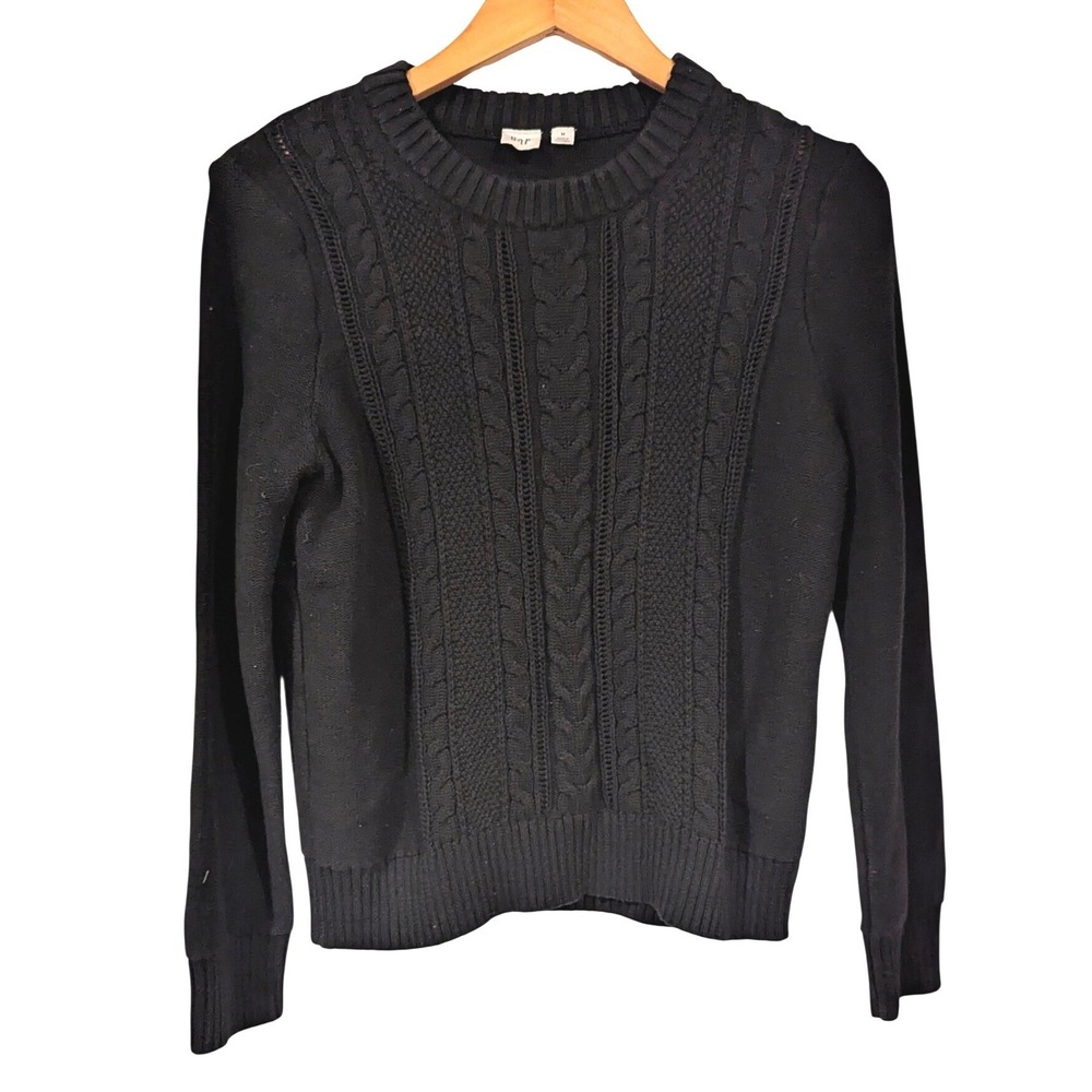 Gap Cable Knit Sweater Medium Black Cotton Crew Neck Long Sleeve Dark Academia